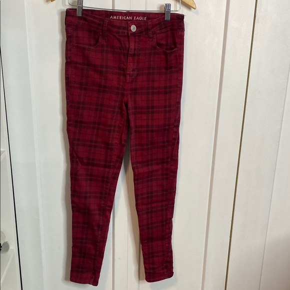 💚American Eagle | High Rise Jegging - Red buffalo Plaid Pants - US8 - Picture 1 of 5